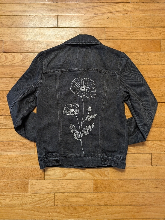 Old Navy Jackets & Blazers - Black Denim Jacket with White Floral Back Embroidery